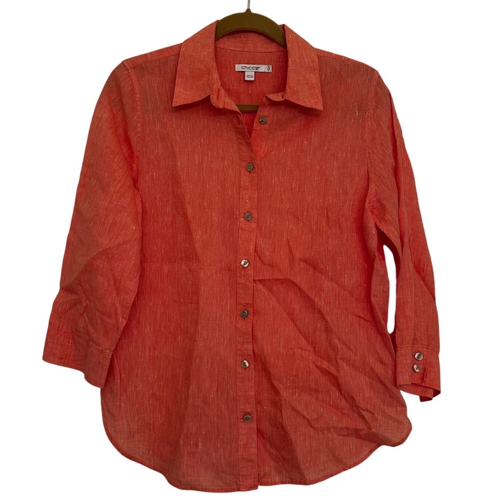 Chicos Women Coral Orange Linen Button Down Shirt 3/4 Sleeve‎ Sz US 4 Resortwear